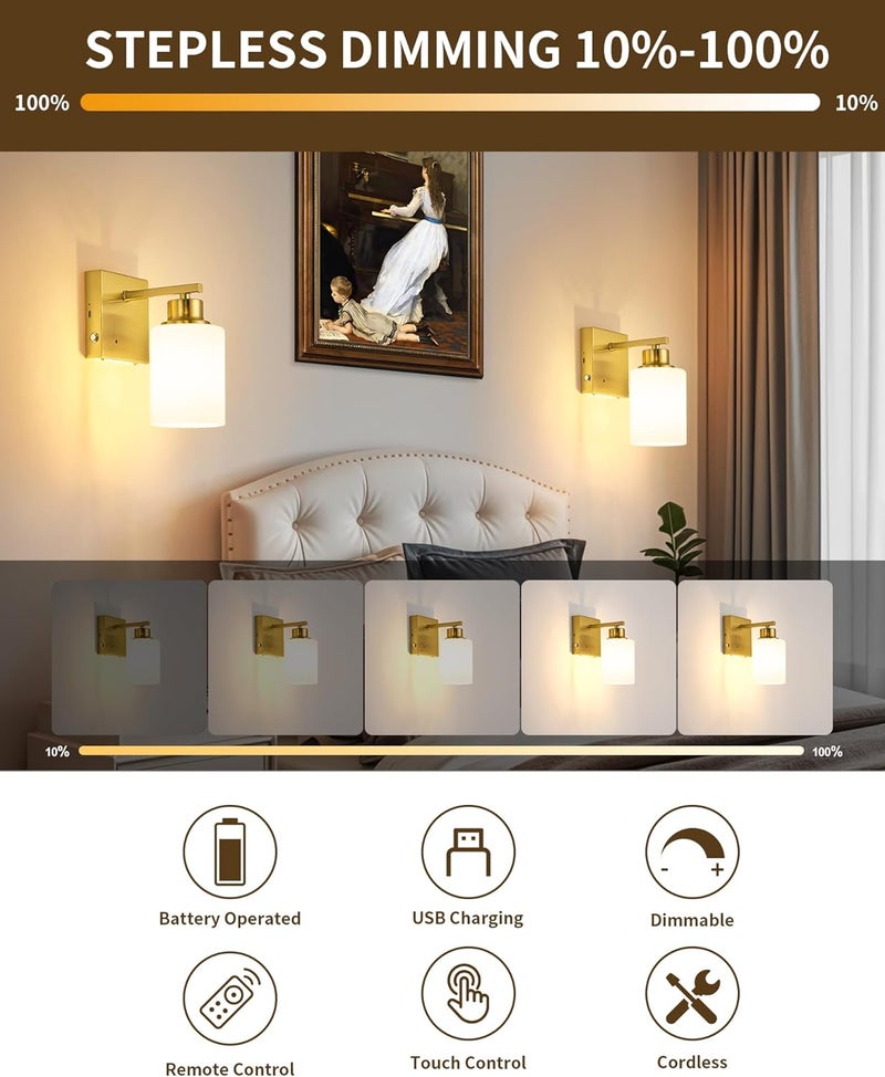 Rayogale Rechargeable Wall Sconce, Gold Battery Operated Wall Sconce Set of 2 with Timer Function, Easy Install Dimmable Wireless Wall Lamps for Living Room, Bedroom, Hallway, Entryway Decor 3000K - Image 2